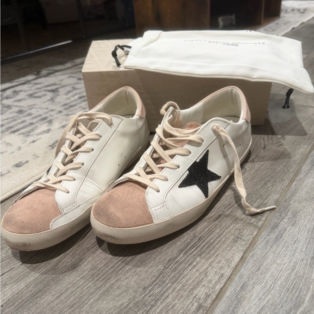 Golden Goose White Sneakers with Blush Suede Toe and Black Star